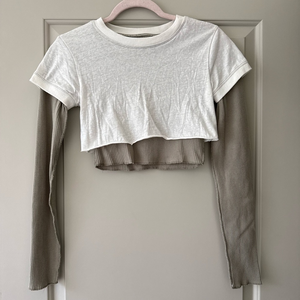 BDG by Urban Outfitters Layered Crop Top — White & Olive Green Long-Sleeve